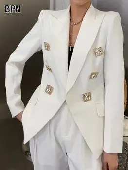 BPN Temperament Sacou Alb Pentru Femei Crestate Guler Maneca Lunga Mozaic de Diamante Slim Sacouri Femei de Îmbrăcăminte de Modă Nouă