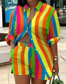 Vară Două Seturi De Piese Pentru Femei Cu Maneca Lunga Cu Dungi De Imprimare Buton De Cămașă Bluză, Pantaloni Scurți Set Streetwear Sportiv Doamnelor Costume 2023