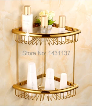 Cea mai bună calitate totală alamă material de placare cu aur, cu două straturi de colț coș rafturi baie accesorii de alama coș