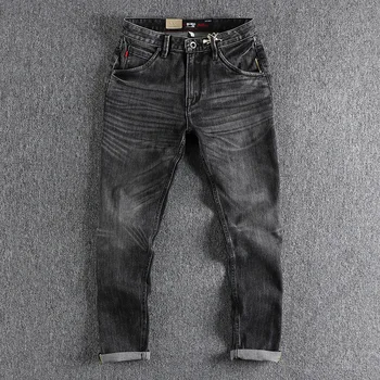 Negru Gri Tivi Blugi Denim Bărbați Haine de Moda Retro Spălat Pantaloni de Marfă aflate în Dificultate Roll-Up Pantaloni Casual Uzura Supradimensionate