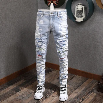 High Street Jeans pentru Bărbați NE Retro Albastru Întindere Pictat Rupt Gaura Pantaloni Patch-uri de Designer de Brand Hip Hop Pantaloni Denim