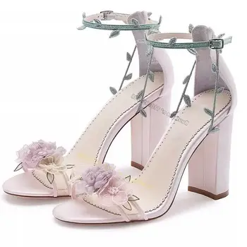 Floare Decor Indesata Toc Sandale Roz Pantofi pentru Femei Catarama Nunta Indesata Pantofi cu Tocuri de Petrecere 2023 Zapatillas Mujer