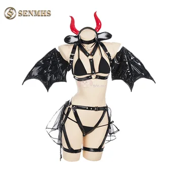 SENMHS Piele Pu Mic Demon Femei Diavolul Cosplay Bikini Sexy din Dantela Bat LingerieOpen Cupa Sutien Set Anime Aripi Exotice Îmbrăcăminte