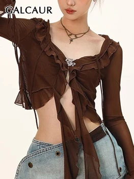 GALCAUR Y2K Solid Slimming Shirt Pentru Femei Guler Pătrat Flare Sleeve Mozaic Volane, Falduri Scurte Bluza de Vara pentru Femeie 2023