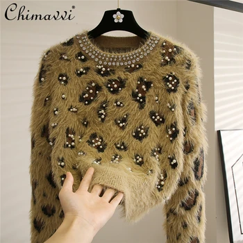 2021 Iarna Moda Leopard-Print Pulover pentru Femei Pulover Vrac Stil coreean Gât Rotund Slim-Fit cu Mâneci Lungi Tricotaje de Sus