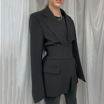 Femei Primavara 2023 Moda Sacou Slim Fit Afaceri Sacou și Cravată Nouă Talie Sacou Retro, de culoare Kaki, Negru Doamnelor Cardigan Topuri