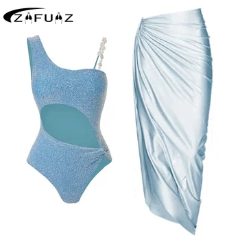 ZAFUAZ 2023 Sexy 3D Floare Pearl Curea de Umăr Decupaj Textura Stralucitoare-O singură Bucată de costume de Baie Costume de baie Fusta Set de Bikini Beach Dress