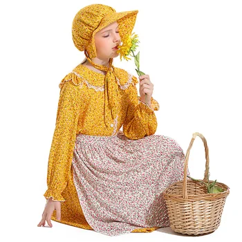 Pentru copii Stil Țară Ferma de Costume de curatenie de Halloween Purim Cosplay Colonie Prerie Pioneer Fata Rochie Floral Galben