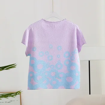 Miyake Cutat Bluze cu Mânecă Scurtă T-shirt pentru Femei Primavara si Vara Noi Vrac Elastice Masina de Brodat Tipărite Top Versatil
