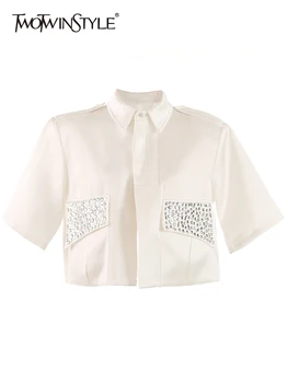 TWOTWINSTYLE Mozaic de Diamante de Vara Tricouri Pentru Femei Rever Maneca Scurta Liber Safari Bluza Stil Feminin Moda Haine Noi