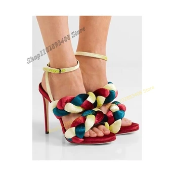 Mixt Piele De Căprioară De Culoare Țese Sandale Gol Peep Toe Catarama Curea Subțire Toc Înalt Pantofi Femei 2023 Moda Sexy Zapatos Para Mujere