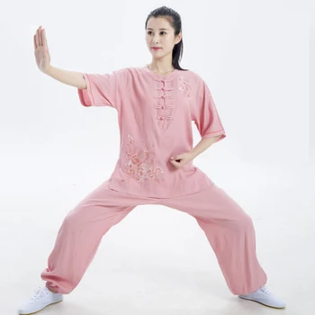 Tradițională Chineză de Îmbrăcăminte pentru Femei de Vara cu Maneci Scurte Brodate Tai Chi Costum de Practică Arte Marțiale Kung Fu Set Subțire
