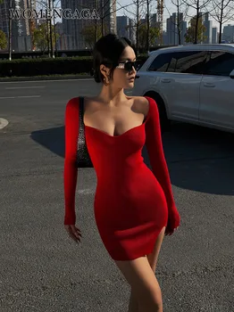 WOMENGAGA Roșie cu Mâneci Lungi Rochie din Tricot Guler Pătrat Elegant Pentru Femei Slim Sexy 2023 Moda de Vara Dulce coreean de Top UH09