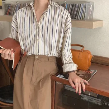 HOUZHOU Vintage cu Dungi, Bluze Femei cu Maneca Lunga de Toamna de Moda Butonul Până Camasi coreean Casual Chic Cămașă de Bază Estetice Sus
