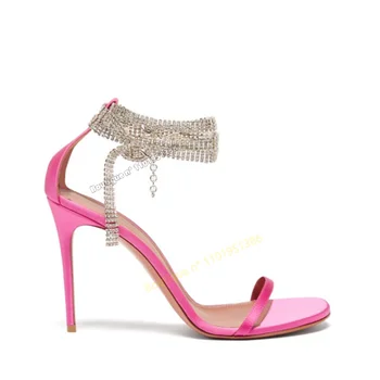 Roz de Cristal Lanț Decor Sandale de Curea Glezna Pantofi pentru Femei sandale Solid Tocuri cui, Pantofi cu Toc inalt 2023 Zapatos Para Mujere