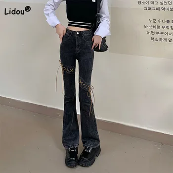Coreeană Elegant Talie Mare Slim Bandaj Îmbinat Flare Pantaloni Femei de Îmbrăcăminte Casual, de Strada de Mare Butonul de Pantaloni din Denim pentru Femei