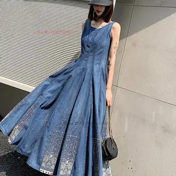 2023 tradițională chineză rochie lunga naționale denim fără mâneci rochie vintage cu flori broderie sundress elegant a-line rochie