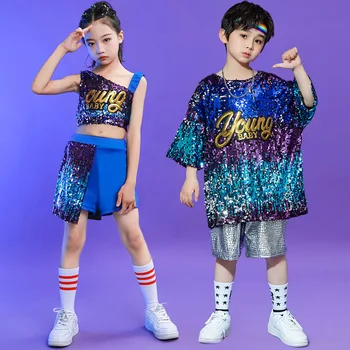 Copil Kpop Hip Hop Haine cu Paiete Supradimensionate T Cămașă Culturilor Sus Streetwear pantaloni Scurți de Vară pentru Fată Băiat de Jazz Dans Costum de Haine