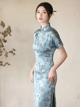 Chineză Stil De Imprimare Florale Din Satin Mare Split Qipao Stand Guler Maneci Scurte Buton Slim Cheongsam