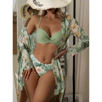 2023 Nou Sexy Trei Bucată De Plajă Femei Florale Imprimare Set De Bikini Vara Maneca Lunga Tanga Dropshipping Costume De Baie
