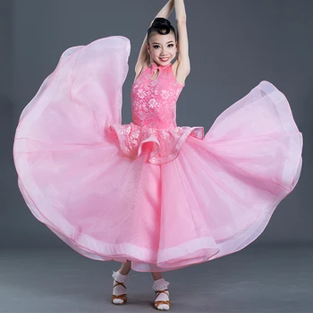 Concurs de Dans Rochii Fete Roz Dantelă fără Mâneci Sala de Dans Rochie de Vals Flamenco Performanță Purta Copii DN5312