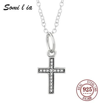 SOMILIA - Cruce Colier Pentru wamen Argint 925 Cu Strălucitoare Cubic Zirconia Pandantiv Delicat Și Cruce Răsucite Lanț