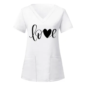 Inima Nursing Scrubs Uniforme Femei Maneca Scurta De Culoare Roz Inima Print V Gât De Lucru Medicale Uniforme Bluza Costum Tricouri 2023