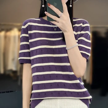 Vara Noi 100% Bumbac pentru Femei Pulover tricou Vrac Gât Rotund Pulover cu Maneci Scurte Casual Dungă de Moda Tricotate T-shirt de Sus