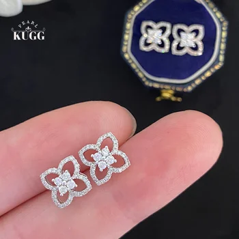 KUGG 18K Aur Alb Cercei cu Diamante Naturale 0.42 carate Cercei Stud Rafinat Noroc Formă de Trifoi Logodna Bijuterii pentru Femei