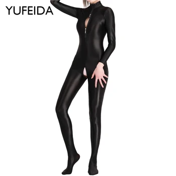YUFEIDA Sexy din Satin Ulei Lucios Corp Plin Body Femei Stralucitor Fermoar Dublu Deschis Picioare Dresuri Modelarea Catsuit Romper Clubwear