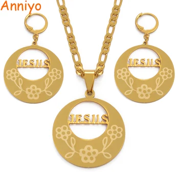 Anniyo Isus Colier Cercei pentru Femei Fetele de Aur din Oțel Inoxidabil de Culoare Religioase Bijuterii Dumnezeu să Binecuvânteze #039821