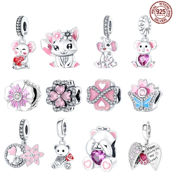 Margele roz Argint 925 Inima Dragoste de Animale Drăguț Koala Pandantiv Pandora Original, Bratara Accesorii DIY Bijuterii Femei