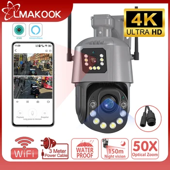 LMAKOOK 4K 8MP Metal Dual Lens PTZ Camera Wifi în aer liber, 50X Zoom Optic AI Omului de Detectare 150M Viziune de Noapte Camera IP iCsee