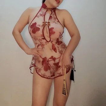 40-70 kg China Style Femei Rochie Cheongsam Lenjerie Sexy Broderie Floare Fluture Transparent Show Sân Doamna Erotic Pijamale