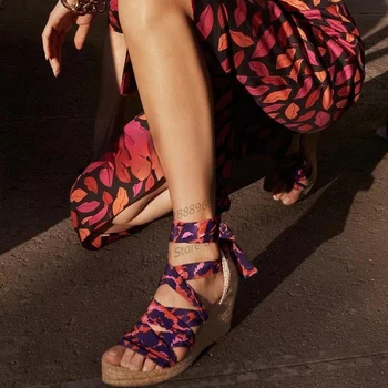 Dantelă-Up De Culoare Amestecat Țese Platforma Sandale Cu Toc Capac Toc Femei Pantofi Deget De La Picior Deschis 2023 La Modă Zapatos Para Mujere