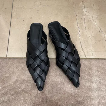 Din piele Simple Subliniat Tricotate Sandale Plate Mueller Pantofi Slide-uri de Sandale pentru Femei