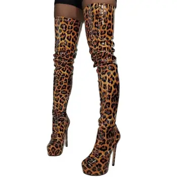 Leopard din Piele de Brevet Coapsei Cizme Platforma Rotund Toe Pantofi pentru Femei Tocuri Subtiri de Mare Pantofi Sexy 2023 Zapatos Para Mujere